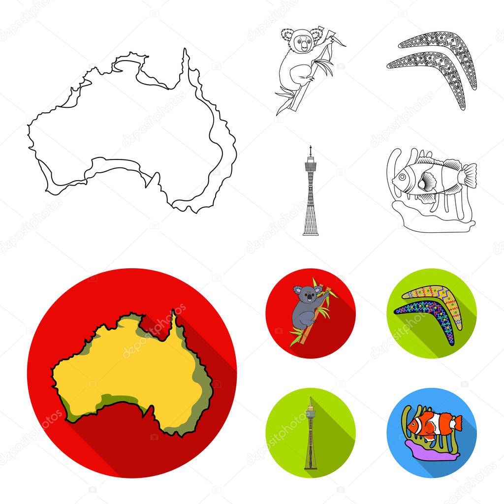 Koala on bamboo, boomerang, Sydney tower, fish clown and ammonium.Australia set collection icons in outline,flat style vector symbol stock illustration .