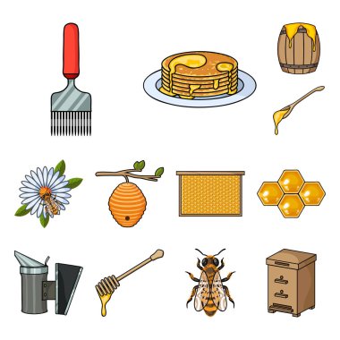 Set koleksiyonu tasarım için arı kovanı ve arıcılık karikatür simgeler. Ekipman ve bal üretim sembol stok web illüstrasyon vektör.