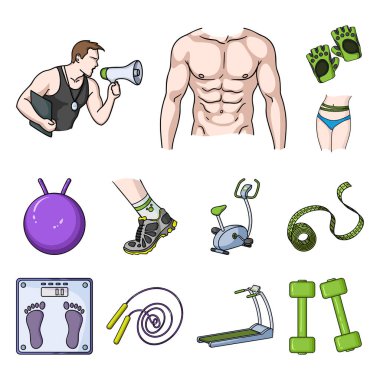 Fitness ve öznitelikleri set koleksiyonu tasarım için simgeleri karikatür. Fitness Ekipmanları vektör simge stok web çizim.