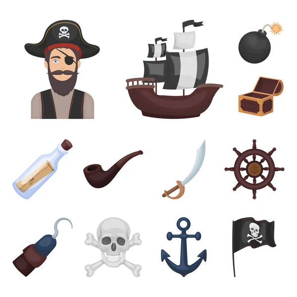 Pirate, sea robber cartoon icons in set collection for design. Treasures, attributes vector symbol stock web illustration. — Stock Vector