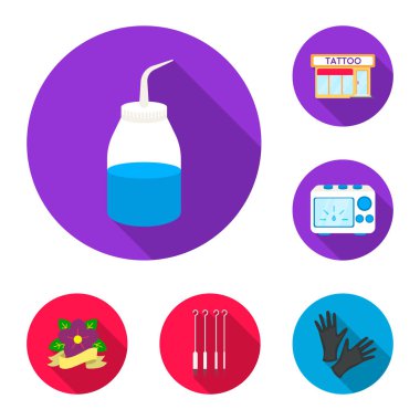 Dövme, vücut üzerinde set koleksiyonu tasarım için düz simgeleri çizim. Sembol stok web illüstrasyon vektör dövme salonu ve ekipmanları.