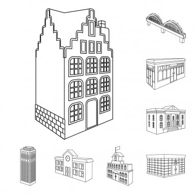 Yapı ve Mimarlık set koleksiyonu tasarım için simgeleri anahat. Bina ve konut vektör izometrik sembol stok web çizim.