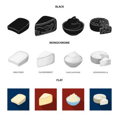 Gruyere, camembert, mascarpone, gorgonzola. Farklı peynir toplama simgeler siyah, düz, tek renkli stil vektör simge stok çizim web içinde ayarla..