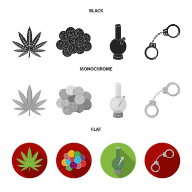 Kenevir yaprak, ecstasy hap, kelepçe, bong. İlaç toplama simgeler siyah, düz, tek renkli stil vektör simge stok çizim web içinde ayarla..