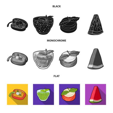 Tatlı Bulgar biber, vitamin içeceği, reçel Ahududu ve nane yaprakları ile karpuz bir parçası. Vejetaryen yemekleri toplama simgeler siyah, düz, tek renkli bir tarzda vektör simge stok ayarla