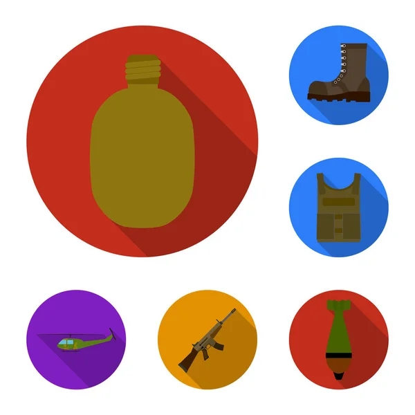 Icone piatte dell'esercito e dell'armamento nella collezione di set per il design. Armi e attrezzature simbolo vettoriale stock web illustrazione . — Vettoriale Stock