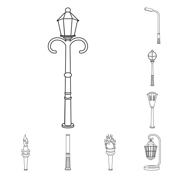 Ícones de esboço de poste de lâmpada na coleção de conjuntos para design. Lanterna e iluminação símbolo vetor web ilustração . —  Vetores de Stock