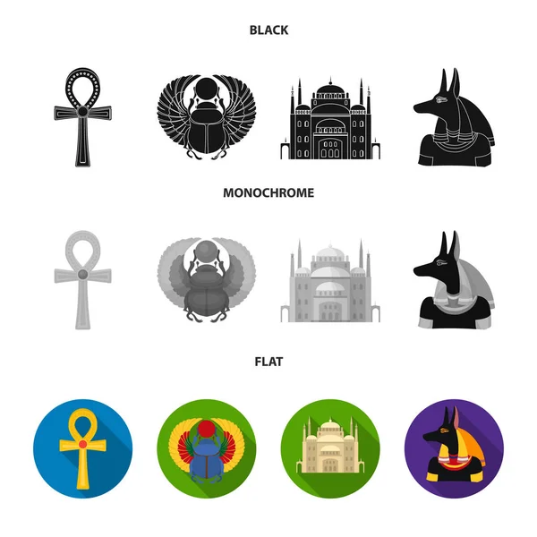 Anubis, Ankh, ciudadela de El Cairo, escarabajo egipcio.Antiguo Egipto conjunto de iconos de la colección en negro, plano, monocromo símbolo de vector de estilo stock illustration web . — Vector de stock