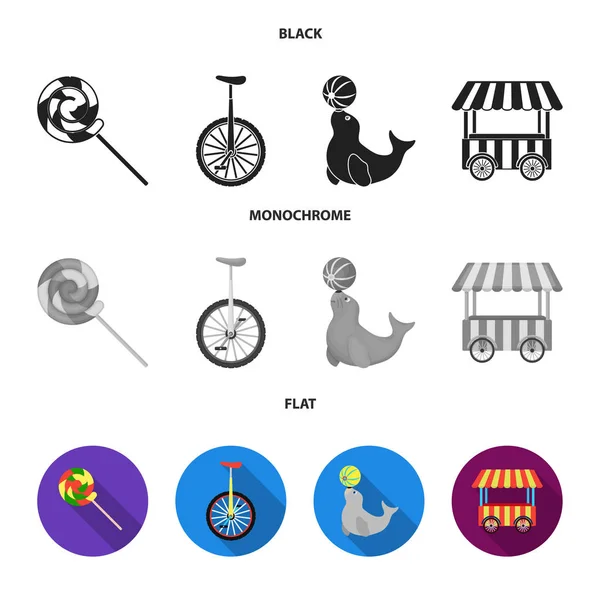 Lecca-lecca, sigillo allenato, spuntino su ruote, monociclo.Circo set icone di raccolta in nero, piatto, stile monocromatico vettore simbolo stock illustrazione web . — Vettoriale Stock