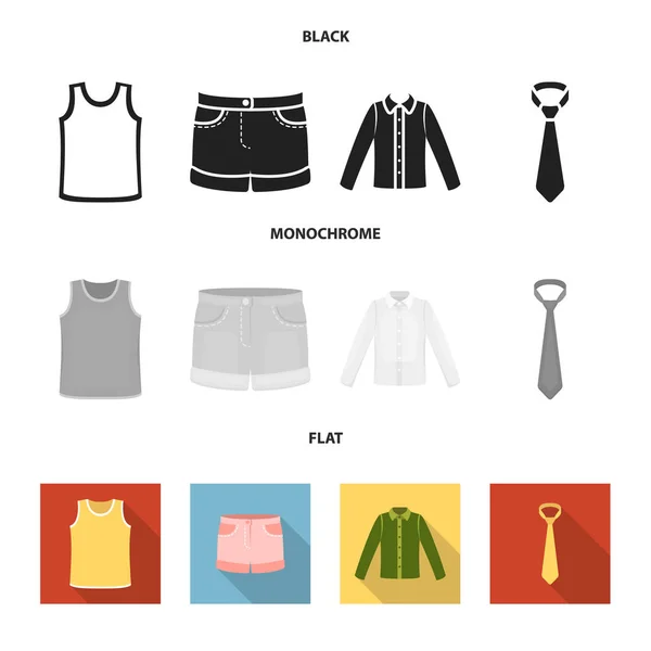長い袖、ショート パンツ、t シャツ、ネクタイとシャツ。服が黒、フラット、モノクロ スタイル ベクトル シンボル ストック イラスト web でコレクションのアイコンを設定. — ストックベクタ
