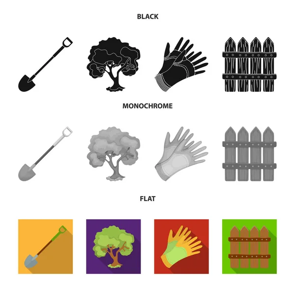 Ένα φτυάρι με μια λαβή, ένα δέντρο στον κήπο, γάντια για την εργασία σε ένα αγρόκτημα, ένα ξύλινο φράχτη. Αγρόκτημα και κηπουρικής set συλλογή εικονιδίων σε μαύρο, επίπεδη, μονόχρωμη στυλ σύμβολο μετοχής εικονογράφηση διάνυσμα — Διανυσματικό Αρχείο