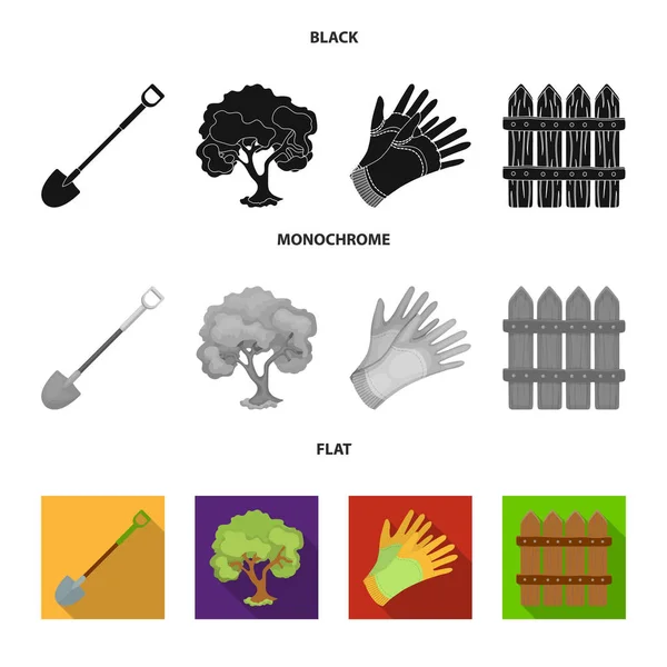 핸들, 정원에서 나무, 장갑, 농장, 나무 울타리에 대 한의 삽 농장 및 검정, 평면, 흑백 스타일에서 정원 집합된 컬렉션 아이콘 벡터 기호 재고 일러스트 레이 션 — 스톡 벡터