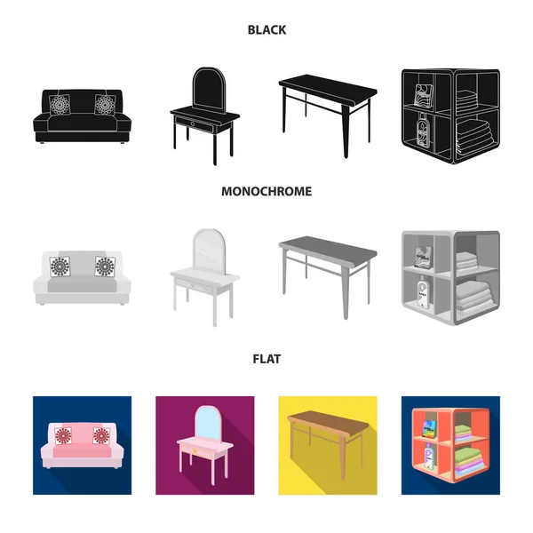 Mjuk soffa, toalett make-up bord, matbord, hyllor för tvätt- och rengöringsmedel. Möbler och inredning som samling ikoner i svart, platt, svartvit stil isometrisk vektor symbol stock — Stock vektor
