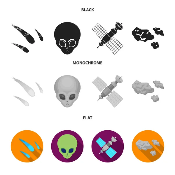 Asteroide, coche, meteorito, nave espacial, estación con baterías solares, la cara de un alienígena. Espacio conjunto colección iconos en negro, plano, monocromo estilo vector símbolo stock ilustración web . — Vector de stock
