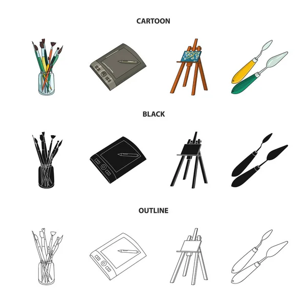 Bank with brushes, a drawing board, an easel with a canvas, paint knives.Artist and drawing set collection icons in cartoon,black,outline style vector symbol stock illustration web. — Stock Vector