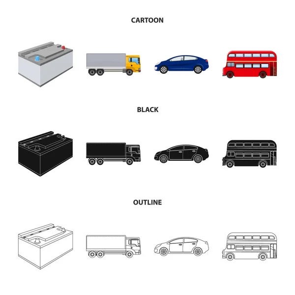Batterie et transport bande dessinée, noir, contour icônes dans la collection ensemble pour la conception. . — Image vectorielle
