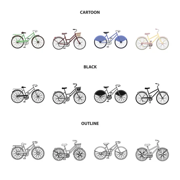 Sportovní kolo a dalších typů. Různé jízdní kola sada kolekce ikon v karikatuře, černý, osnovy styl vektor symbol skladem ilustrace web. — Stockový vektor