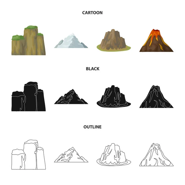 陡峭的悬崖, 火山喷发, 有海滩的高山, 冰川。不同山脉集合图标在卡通, 黑色, 轮廓风格矢量符号股票插画网站. — 图库矢量图片