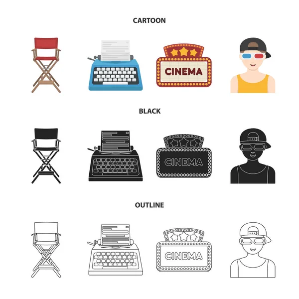 Chair of the director, typewriter, cinematographic signboard, film-man. Films and cinema set collection icons in cartoon,black,outline style vector symbol stock illustration web. — Stock Vector