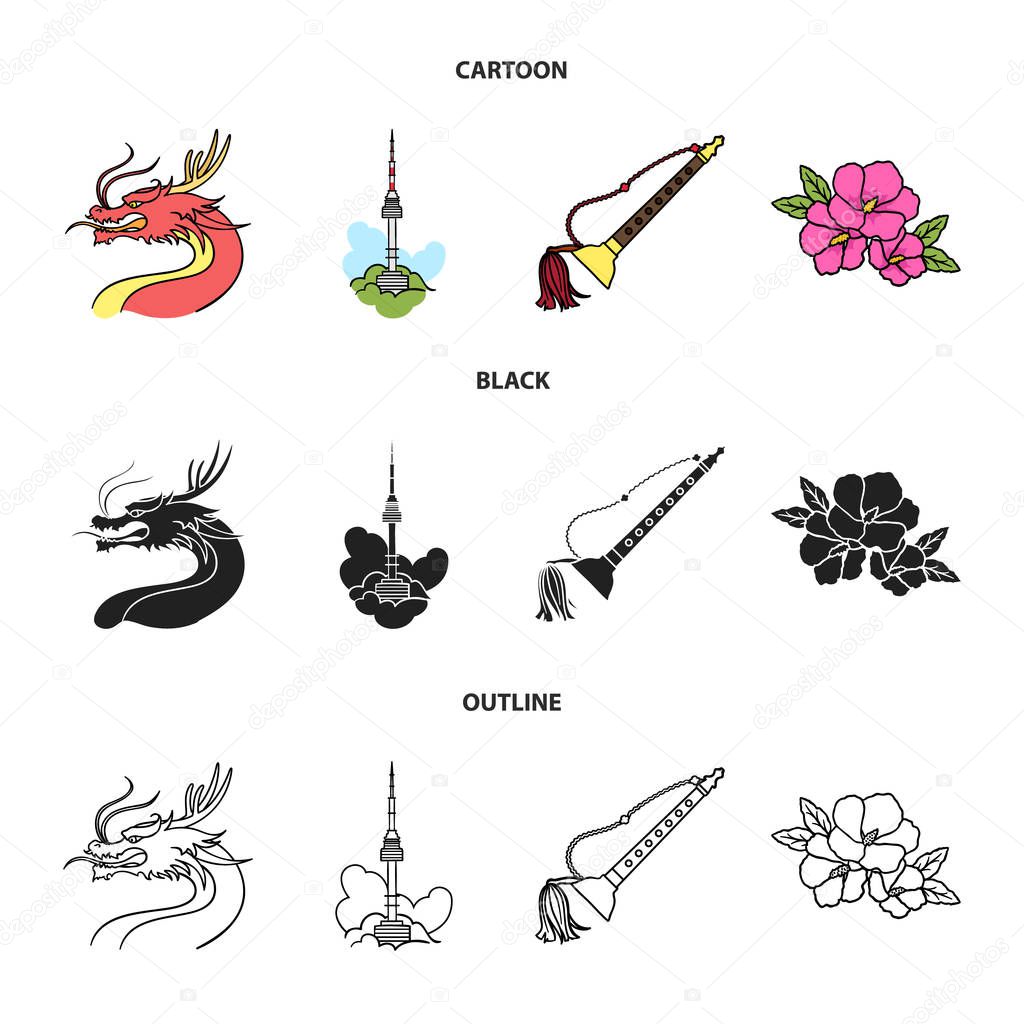 Dragon with mustache, Seoul tower, national musical instrument, hibiscus flower. South Korea set collection icons in cartoon,black,outline style vector symbol stock illustration web.