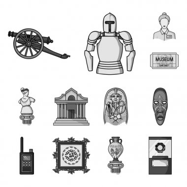 Müze ve Galeri tek renkli simgeler set koleksiyonu tasarım için. Depolama ve serginin görülmeye değer parça sembol stok web illüstrasyon vektör.