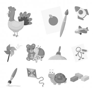 Çocuk oyuncak set koleksiyonu tasarım için tek renkli simgeler. Oyun ve önemsiz şey sembol stok web illüstrasyon vektör.