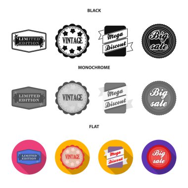 Sayılı seri, vintage, mega discont, kazmak Satılık. Etiket, toplama simgeler siyah, düz, tek renkli stil vektör simge stok çizim web ayarla.