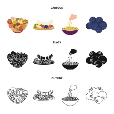 Çeşitli fındık, meyve ve diğer gıda. Yiyecek toplama simgeler çizgi film, siyah, anahat stili vektör simge stok çizim web içinde ayarla..