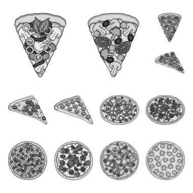 Farklı pizza set koleksiyonu tasarım için tek renkli simgeler. Pizza yemek vektör simge stok web çizim.