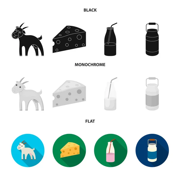 Koza, kousek sýra a dalších produktů. Kolekce sady ikon v černé, plochý, monochromatický stylu vektor symbol skladem ilustrace web na mléko. — Stockový vektor