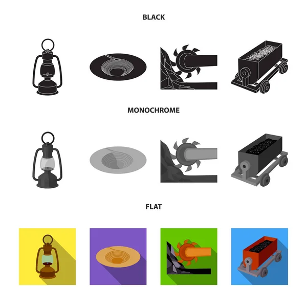 Una lámpara de minero, un embudo, una combinación minera, un carro con ore.Mining iconos de colección conjunto de la industria en negro, plano, estilo monocromo vector símbolo stock illustration web . — Vector de stock