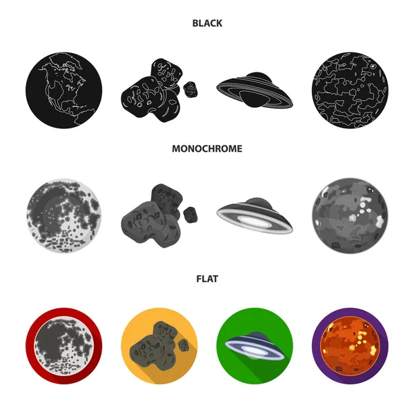 Σελήνη, Αφροδίτη του πλανήτη του ηλιακού συστήματος. Nil, ένας μετεωρίτης. Πλανήτες στεγάζεται συλλογή εικονιδίων σε μαύρο, επίπεδη, μονόχρωμη στυλ διάνυσμα σύμβολο μετοχής εικονογράφηση web. — Διανυσματικό Αρχείο