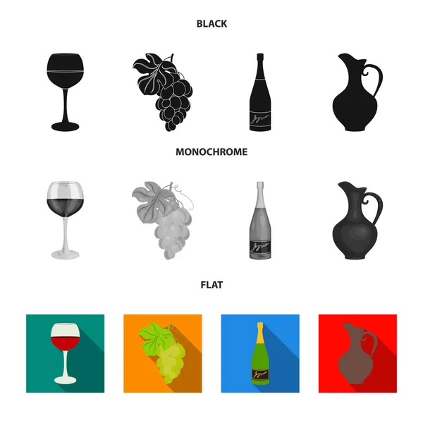 Una copa de vino tinto, champán, una jarra de vino, un montón. Vino producción conjunto colección iconos en negro, plano, monocromo estilo vector símbolo stock ilustración web . — Archivo Imágenes Vectoriales