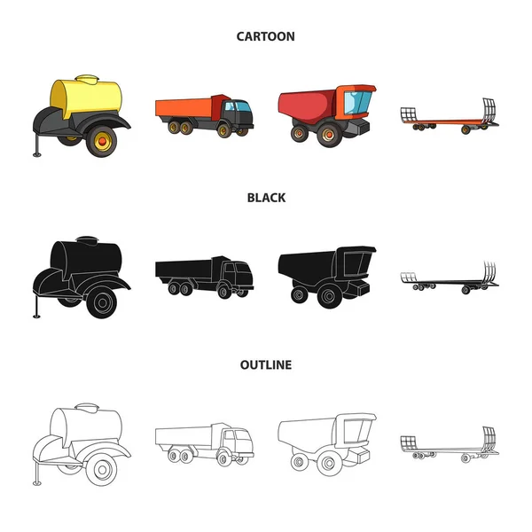 Remorque avec baril, camion et autres dispositifs agricoles. Ensemble de machines agricoles icônes de collection en dessin animé, noir, contour style vectoriel symbole illustration web . — Image vectorielle