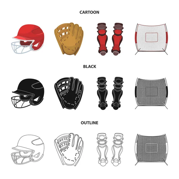 Casco protector, rodilleras y otros accesorios. Béisbol conjunto colección iconos en dibujos animados, negro, contorno estilo vector símbolo stock ilustración web . — Archivo Imágenes Vectoriales