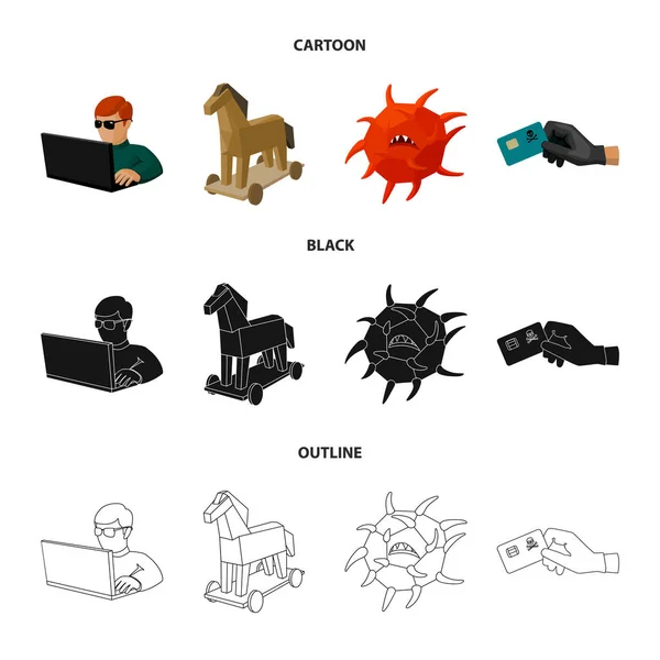 Hacker, piratage, système, internet .Hackers et jeux de piratage icônes de la collection dans la bande dessinée, noir, style contour vectoriel symbole illustration web . — Image vectorielle