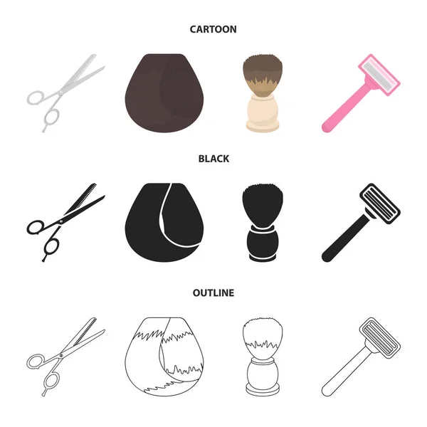 Ножницы, кисть, бритва и другое оборудование. Иконки коллекции парикмахерских в мультипликационном, черном, набросок векторного стиля символа иконки . — стоковый вектор