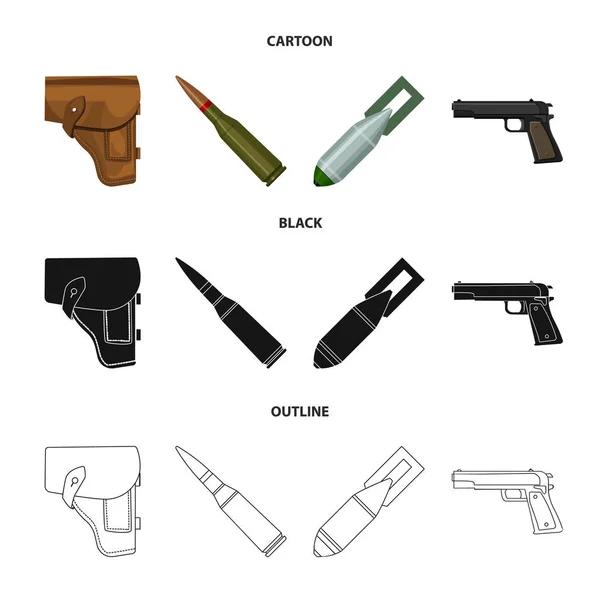 Coldre, cartucho, bomba de ar, pistola. Ícones de coleção militar e exército conjunto em desenhos animados, preto, esboço estilo vetor símbolo estoque ilustração web . — Vetor de Stock