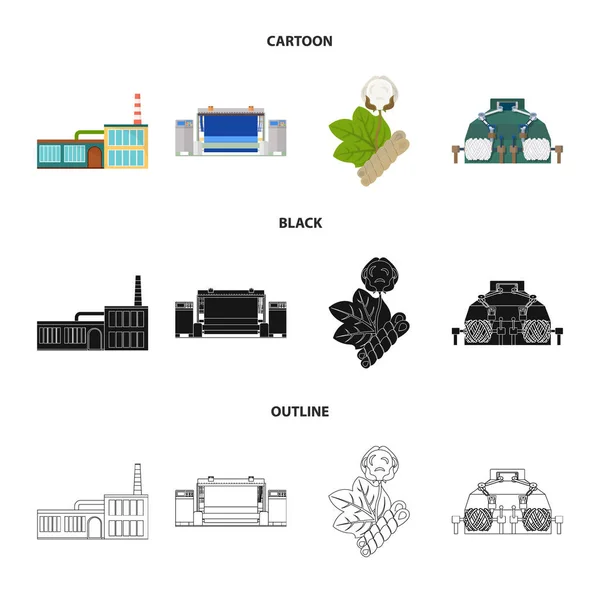 Fábrica, empresa, edifícios e outro ícone da web em desenhos animados, preto, estilo esboço. Têxtil, indústria, ícones de tecido na coleção de conjuntos . — Vetor de Stock