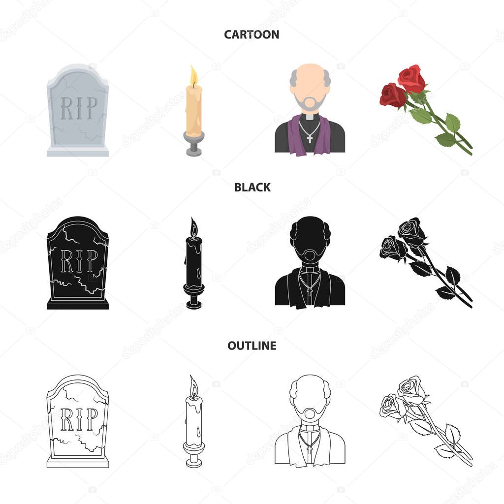 A granite tombstone with an inscription, a mourning candle, a pasteur, a priest, mourning roses. Funeral ceremony set collection icons in cartoon,black,outline style vector symbol stock illustration .