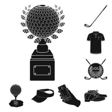 Set koleksiyonu tasarım için simgeler siyah Golf ve öznitelikleri. Golf Kulübü ve ekipman sembol stok web illüstrasyon vektör.