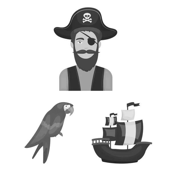 Pirata, ladrón de mar iconos monocromáticos en la colección de conjuntos para el diseño. Tesoros, atributos vector símbolo stock web ilustración . — Vector de stock