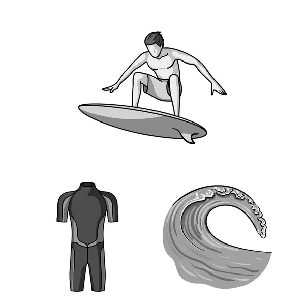 Surfen en extreme zwart-wit pictogrammen in set collectie voor design. Surfer en accessoires vector symbool voorraad web illustratie. — Stockvector