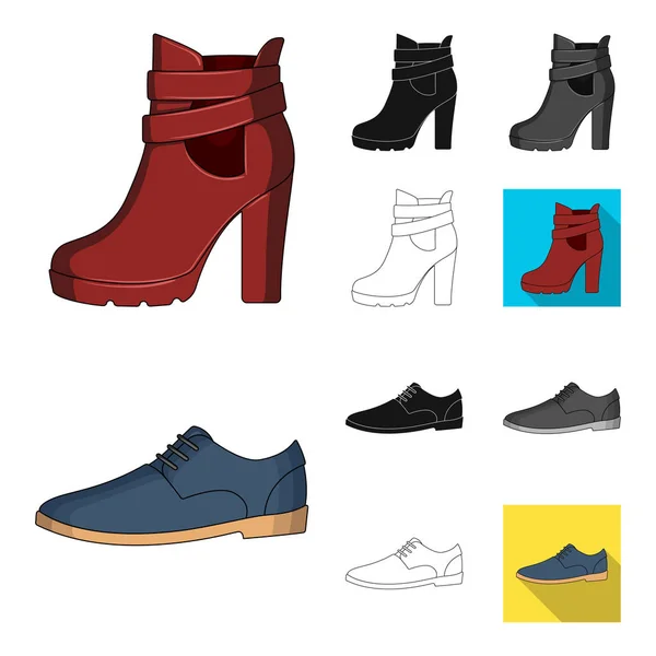 Desenhos animados diferentes dos sapatos, preto, liso, monocromático, ícones do esboço na coleção ajustada para o projeto. Homens e mulheres sapatos símbolo vetorial web ilustração . — Vetor de Stock