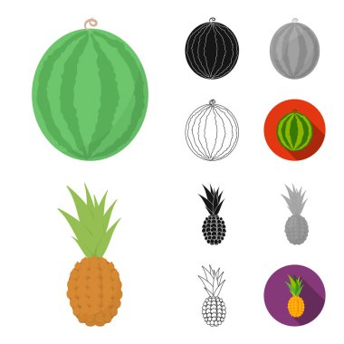 Farklı meyve çizgi film, siyah, düz, siyah-beyaz anahat simgeleri set koleksiyonu tasarım için. Meyve ve vitaminler sembol stok web illüstrasyon vektör.