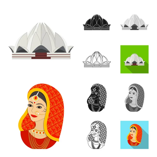 País Índia desenho animado, preto, plano, monocromático, ícones de contorno na coleção de conjuntos para design.Índia e símbolo de vetor marco ilustração web estoque . — Vetor de Stock