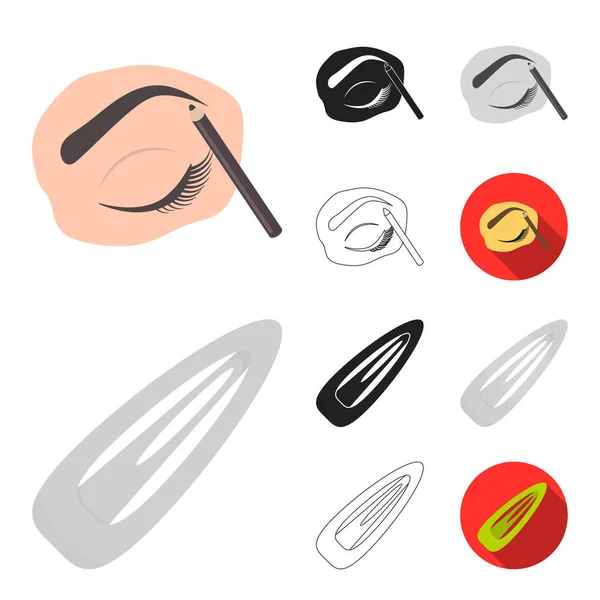 Maquillage et cosmétique dessin animé, noir, plat, monochrome, icônes contour dans la collection set pour le design. Maquillage et équipement vectoriel symbole stock illustration web . — Image vectorielle