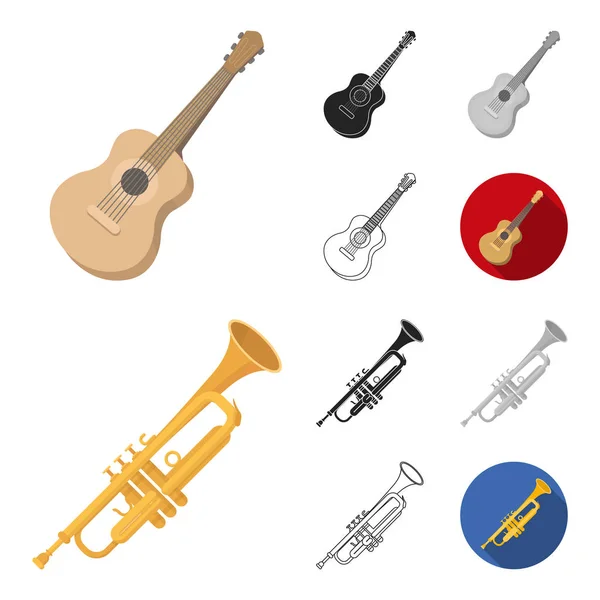 Musical instrument cartoon, black, flat, monochrome, outline icons in set collection for design. Рисунок векторных символов струн и ветра . — стоковый вектор