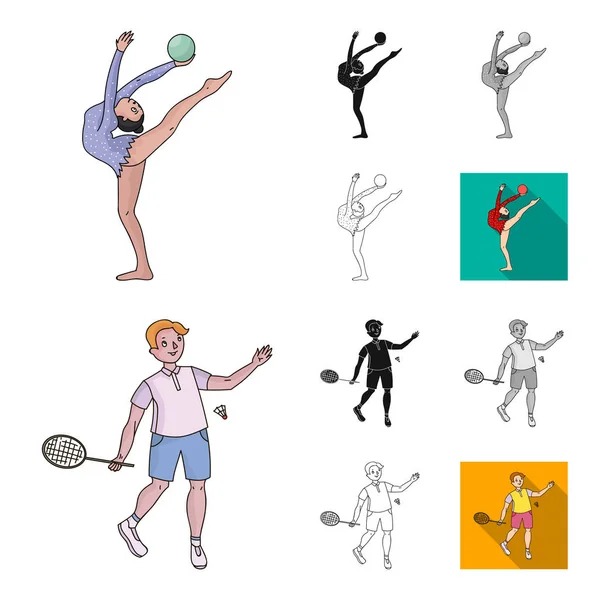 Verschillende soorten sport tekenfilm, zwart, plat, zwart-wit en een overzicht van pictogrammen in set collectie voor design. Atleet, wedstrijden vector symbool voorraad web illustratie. — Stockvector