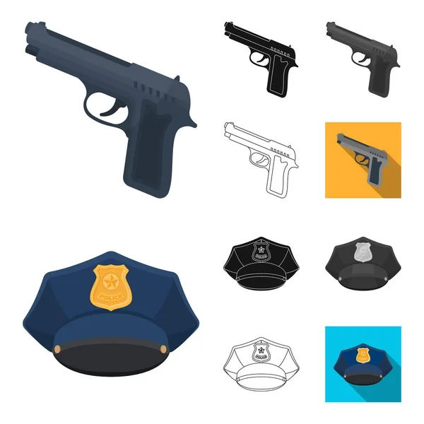 Polizei, Abteilung Cartoon, schwarz, flach, monochrom, Umrisse Symbole in Set-Sammlung für Design. Detektiv und Zubehör Vektor-Symbol Stock Web-Illustration. — Stockvektor